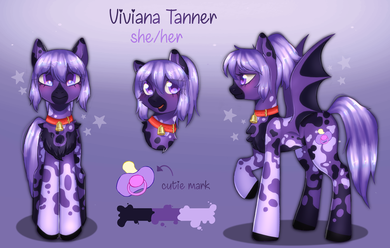 Size: 3114x1982 | Tagged: safe, artist:vaiola, derpibooru import, oc, oc:viviana tanner, unofficial characters only, bat pony, pegasus, pony, bell, collar, cowbell, cutie mark, female, gradient background, happy, image, looking at you, mare, png, raised hoof, reference sheet, smiling, smiling at you, solo, stars, tail