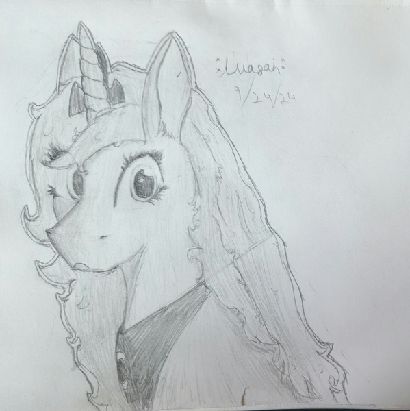 Size: 4584x4592 | Tagged: safe, derpibooru import, princess luna, image, jpeg, looking offscreen, monochrome, pencil drawing, s1 luna, traditional art