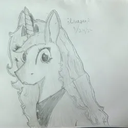 Size: 4584x4592 | Tagged: safe, derpibooru import, princess luna, image, jpeg, looking offscreen, monochrome, pencil drawing, s1 luna, traditional art