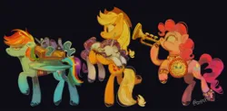 Size: 2184x1071 | Tagged: safe, artist:coypuppy, derpibooru import, applejack, pinkie pie, princess luna, rainbow dash, rarity, alicorn, earth pony, pegasus, pony, unicorn, g4, bipedal, black background, carrying, female, holding a pony, horn, image, jpeg, mare, musical instrument, quadrupedal, simple background, trumpet, walking