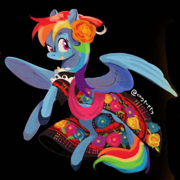 Size: 1111x1111 | Tagged: safe, artist:coypuppy, derpibooru import, rainbow dash, pegasus, pony, g4, black background, clothes, dress, female, image, jpeg, mare, mexico, rainbow dash always dresses in style, simple background, solo