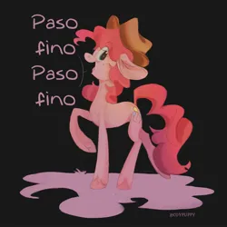 Size: 2048x2048 | Tagged: safe, artist:coypuppy, derpibooru import, pinkie pie, earth pony, pony, g4, eye clipping through hair, female, hat, image, jpeg, looking at you, mare, raised hoof, solo, spanish, spanish text, speech bubble, unshorn fetlocks