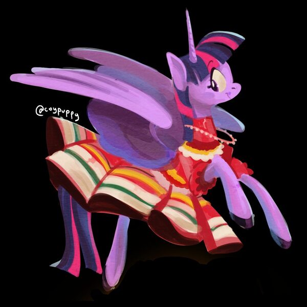 Size: 1295x1295 | Tagged: safe, artist:coypuppy, derpibooru import, twilight sparkle, twilight sparkle (alicorn), alicorn, pony, g4, black background, clothes, dress, female, image, jpeg, mare, mexico, simple background, solo