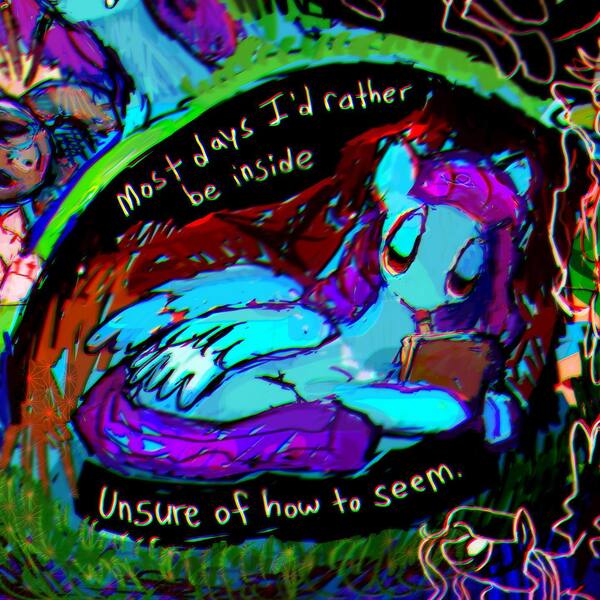 Size: 1440x1440 | Tagged: safe, artist:vemrill, derpibooru import, oc, unofficial characters only, pegasus, pony, abstract, blue coat, english, image, jpeg, pegasus oc, purple mane, purple tail, solo, tail, text, wings