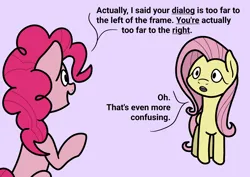 Size: 2048x1448 | Tagged: safe, artist:ewoudcponies, derpibooru import, fluttershy, pinkie pie, earth pony, pegasus, pony, g4, confused, dialogue, duo, duo female, female, image, mare, meta humor, pinkie being pinkie, png