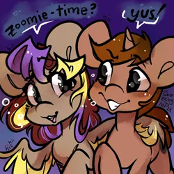 Size: 5000x5000 | Tagged: safe, artist:midnightpremiere, derpibooru import, oc, oc:coffee, oc:hors, pegasus, pony, unicorn, absurd resolution, dialogue, duo, duo male and female, eyebrows, eyebrows visible through hair, female, grin, horn, image, male, mare, png, smiling, stallion, wing around shoulder