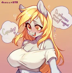 Size: 1916x1923 | Tagged: suggestive, artist:jrolly678, derpibooru import, derpy hooves, anthro, pegasus, g4, big breasts, breasts, busty derpy hooves, cleavage, clothes, female, gradient background, image, jpeg, midriff, open mouth, open smile, shirt, shoulderless, shoulderless shirt, smiling, solo, solo female, thought bubble