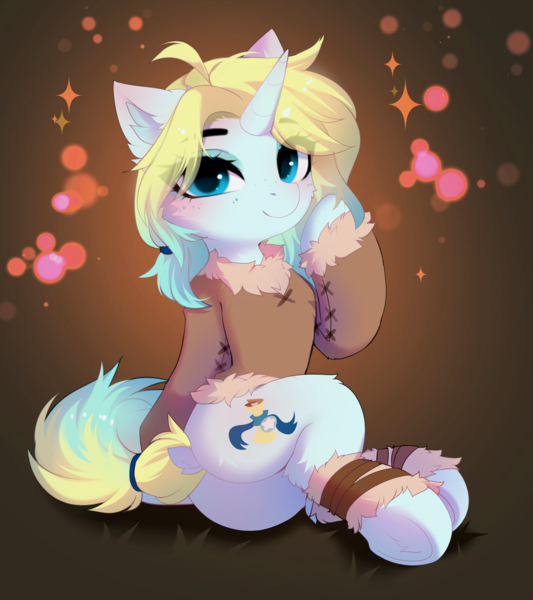 Size: 3444x3874 | Tagged: safe, artist:empress-twilight, derpibooru import, oc, oc:cloudy crystal, unofficial characters only, pony, unicorn, butt, cheek fluff, clothes, commission, dock, ear fluff, eye clipping through hair, eyebrows, eyebrows visible through hair, female, horn, image, leg fluff, looking at you, mare, plot, png, smiling, smiling at you, solo, sparkles, tail, underhoof, unicorn oc, ych result