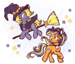 Size: 700x600 | Tagged: safe, artist:fizpup, derpibooru import, abra-ca-dabra, pumpkin tart, earth pony, pony, g3, bell, bell collar, broom, cat ears, collar, duo, duo female, female, flying, flying broomstick, hair over one eye, hat, image, looking at each other, looking at someone, mare, png, smiling, witch hat