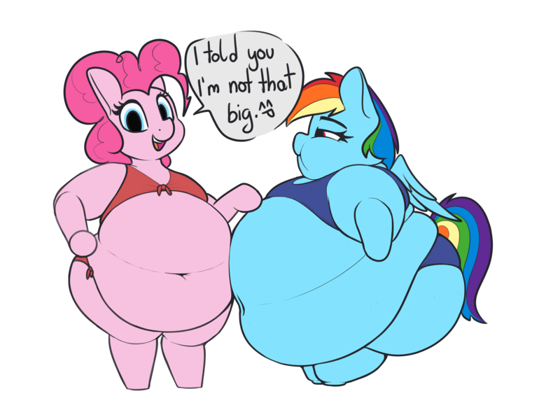 Size: 2861x2130 | Tagged: suggestive, artist:andesblorps, artist:polofastter, derpibooru import, pinkie pie, rainbow dash, earth pony, pegasus, semi-anthro, belly, belly button, belly hang, big belly, chubby cheeks, clothes, dialogue, duo, duo female, fat, female, huge belly, image, looking at you, morbidly obese, obese, panties, png, pudgy pie, rainblob dash, simple background, smiling, smiling at you, speech bubble, standing, transparent background, underwear