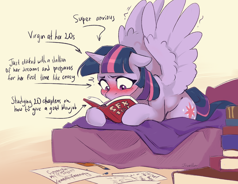 Size: 2024x1567 | Tagged: suggestive, artist:jewellier, derpibooru import, twilight sparkle, twilight sparkle (alicorn), alicorn, pony, arrow, bed, blushing, blushing profusely, book, bookhorse, colored sketch, derpibooru exclusive, female, image, mare, nervous, note, png, reading, sex education, sketch, solo, spread wings, studying, text, virgin, wingboner, wings