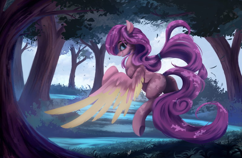 Size: 4473x2926 | Tagged: safe, artist:fluttersheeeee, derpibooru import, oc, unofficial characters only, pegasus, pony, coat markings, colored wings, dappled, female, forest, grass, image, looking at you, looking back, looking back at you, mare, nature, outdoors, pegasus oc, png, smiling, smiling at you, solo, spread wings, tail, tree, wings