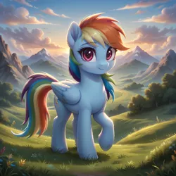 Size: 1024x1024 | Tagged: safe, ai content, derpibooru import, generator:bluefox mix, machine learning generated, prompter:adorablebluefox, stable diffusion, rainbow dash, pegasus, pony, g4, beautiful, cloud, cloudy, cute, dashabetes, detailed, eyebrows, eyebrows visible through hair, female, folded wings, full body, grass, happy, high res, image, looking at you, mare, mountain, mountain range, nature, outdoors, png, pretty, raised hoof, scenery, sky, smiling, smiling at you, solo, standing, sunset, tail, tree, wings