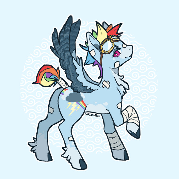 Size: 1000x1000 | Tagged: safe, artist:sokoistrying, derpibooru import, rainbow dash, pegasus, g4, alternate design, bandage, base used, blue background, colored wings, goggles, goggles on head, image, png, simple background, wings