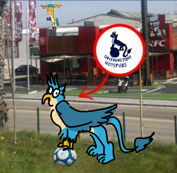 Size: 842x821 | Tagged: safe, derpibooru import, editor:horsesplease, gallus, hitch trailblazer, g5, derp, doodle, football, gallus the rooster, gallusposting, image, kentucky fried gallus, kfc, png, sad hitch, sports, that griffon sure does love kfc, tottenham hotspur fc