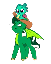 Size: 1200x1500 | Tagged: safe, artist:prixy05, derpibooru import, sparky sparkeroni, oc, oc:cortez colt, dracony, dragon, hybrid, g5, my little pony: tell your tale, baby, baby dragon, bat wings, duo, duo male, hat, image, male, png, simple background, transparent background, vector, wings