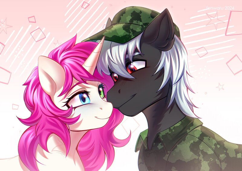 Size: 2048x1448 | Tagged: safe, artist:fenwaru, derpibooru import, oc, oc:bubblegum kiss, unofficial characters only, earth pony, unicorn, duo, duo male and female, female, horn, image, jpeg, male