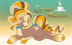 Size: 1625x1012 | Tagged: safe, artist:susfully_inspired, derpibooru import, oc, oc:caramel.m, unofficial characters only, earth pony, pony, bowtie, coffee, coffee mug, earth pony oc, gradient background, image, jpeg, lying down, mug, necktie, ponytail, pose, solo