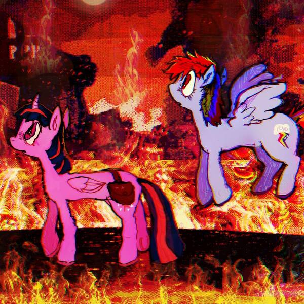 Size: 1440x1440 | Tagged: safe, artist:vemrill, derpibooru import, rainbow dash, twilight sparkle, twilight sparkle (alicorn), alicorn, pegasus, pony, g4, burning, duo, duo female, female, fire, image, jpeg, mare, outdoors, side view, walking