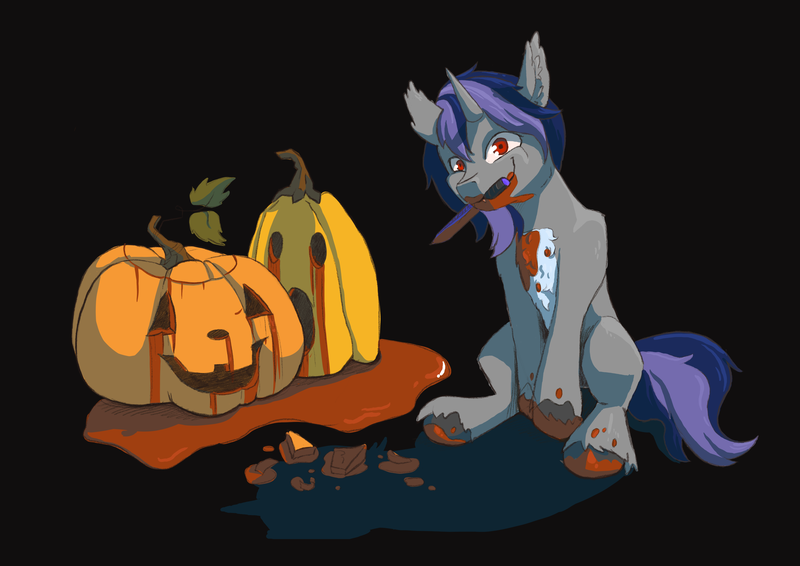 Size: 3508x2480 | Tagged: semi-grimdark, artist:ardilya, derpibooru import, oc, oc:dreaming star, bat pony, bat pony unicorn, hybrid, unicorn, blood, commission, digital art, halloween, holiday, horn, image, knife, looking at you, png, pumpkin, pumpkin carving, ych result