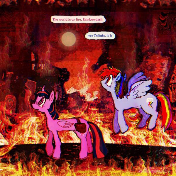 Size: 1440x1440 | Tagged: safe, artist:vemrill, derpibooru import, rainbow dash, twilight sparkle, twilight sparkle (alicorn), alicorn, pegasus, pony, g4, burning, dialogue, duo, duo female, english, female, fire, image, jpeg, mare, outdoors, side view, talking, text, walking