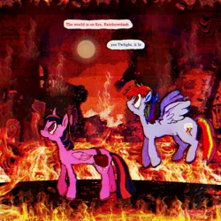 Size: 1440x1440 | Tagged: safe, artist:vemrill, derpibooru import, rainbow dash, twilight sparkle, twilight sparkle (alicorn), alicorn, pegasus, pony, g4, burning, dialogue, duo, duo female, english, female, fire, image, jpeg, mare, outdoors, side view, talking, text, walking