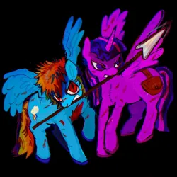 Size: 1440x1440 | Tagged: safe, artist:vemrill, derpibooru import, rainbow dash, twilight sparkle, twilight sparkle (alicorn), alicorn, pegasus, pony, bag, bruised, duo, duo female, female, holding, image, injured, jpeg, spear, weapon