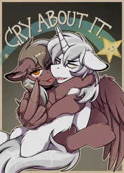 Size: 2440x3388 | Tagged: suggestive, artist:meggchan, derpibooru import, oc, oc:copper crescendo, oc:silver sickle, unofficial characters only, pegasus, unicorn, couple, cry about it, duo, embrace, eyelid pull, horn, image, incest, looking at you, looking back, parody, pegasus oc, png, scar, siblings, sitting on lap, smiling, smug, straddling, taunting, text, the coffin of andy and leyley, tongue out, unicorn oc, wings