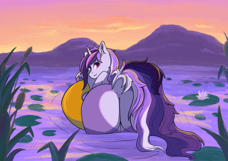 Size: 3508x2480 | Tagged: suggestive, artist:ardilya, derpibooru import, oc, oc:dreaming bell, unofficial characters only, pony, unicorn, commission, digital art, female, heart butt, horn, image, lake, looking at you, looking back, looking back at you, mare, png, solo, swimming, two toned coat, water, ych result