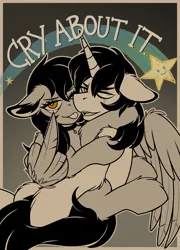 Size: 2440x3388 | Tagged: suggestive, alternate version, artist:meggchan, derpibooru import, oc, oc:copper crescendo, oc:silver sickle, unofficial characters only, pegasus, unicorn, couple, cry about it, duo, embrace, eyelid pull, horn, image, incest, looking at you, looking back, parody, pegasus oc, png, scar, siblings, sitting on lap, smiling, smug, straddling, taunting, text, the coffin of andy and leyley, tongue out, unicorn oc, wings