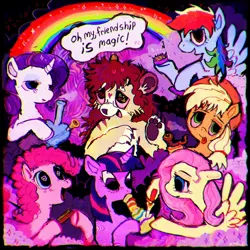 Size: 1440x1440 | Tagged: safe, artist:vemrill, derpibooru import, applejack, fluttershy, pinkie pie, rainbow dash, rarity, twilight sparkle, earth pony, pegasus, pony, unicorn, g4, apple high, bong, drugs, female, flutterhigh, furry, high, highlight sparkle, horn, image, jpeg, mane six, mare, marijuana, pinkie high, rainbow, rainbow high, rarijuana