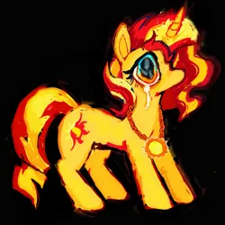 Size: 2048x2048 | Tagged: safe, artist:vemrill, derpibooru import, sunset shimmer, pony, unicorn, g4, black background, crying, female, horn, image, jpeg, mare, red mane, simple background, solo, tail, yellow coat, yellow mane, yellow tail