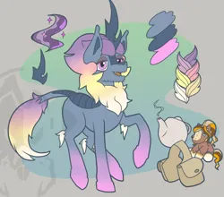 Size: 1298x1144 | Tagged: safe, artist:susfully_inspired, derpibooru import, oc, unofficial characters only, kirin, bag, bags under eyes, gradient background, gradient mane, horn, image, kirin oc, lgbt, magic, plushie, png, reference sheet, solo, teapot