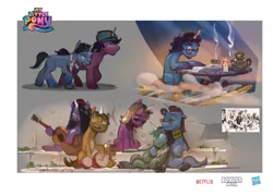 Size: 2395x1721 | Tagged: safe, artist:francesco denicolò, boulder media, derpibooru import, human, pony, unicorn, g5, my little pony: a new generation, beard, book, boulder media logo, bridlewood, candle, carpet, carrying, clothes, concept art, crystal tea room, cup, facial hair, female, grass, hasbro, hasbro logo, hat, horn, image, irl, irl human, jpeg, logo, long mane, long tail, looking at each other, looking at someone, looking at something, looking at you, male, mare, multiple characters, neck bow, netflix, netflix logo, photo, reference sheet, scarf, singing, stallion, tail, teacup, teapot, tired, unshorn fetlocks, walking