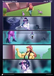 Size: 2958x4183 | Tagged: safe, artist:atariboy2600, artist:bluecarnationstudios, derpibooru import, sci-twi, spike, sunset shimmer, twilight sparkle, dog, human, comic:the amazonian effect, comic:the amazonian effect iv, equestria girls, g4, big breasts, bra, breasts, buff breasts, busty sunset shimmer, cleavage, clothes, comic, female, huge breasts, image, midnight sparkle, muscles, muscular female, overdeveloped muscles, png, sci-twi's house, spike the dog, sunset lifter, underwear