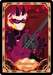 Size: 765x1080 | Tagged: safe, artist:robertsonskywa1, derpibooru import, edit, oc, oc:starbreaker firewalker, unofficial characters only, demon, human, equestria girls, g4, ccg, clothes, guitar, hazbin hotel, hellaverse, horns, image, looking at you, male, musical instrument, photo, png, smiling, smiling at you, solo, solo male, sunglasses, text, trading card, trading card edit