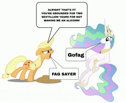 Size: 3464x2827 | Tagged: safe, applejack, princess celestia, duo, fag, fag sayer, gofag, image, jpeg, simple background, vulgar, white background