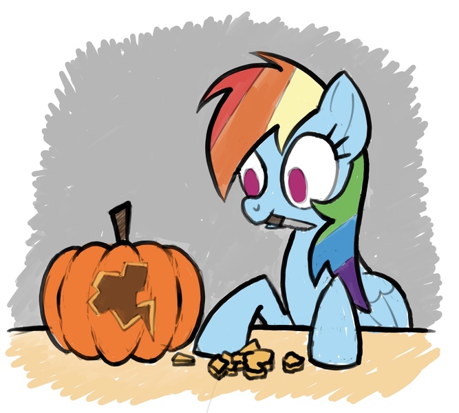 Size: 1613x1450 | Tagged: safe, artist:aprilfools, ponerpics import, rainbow dash, pegasus, pony, carved pumpkin, female, gray background, halloween, holiday, image, jpeg, knife, mare, pumpkin, pumpkin carving, simple background, solo, table