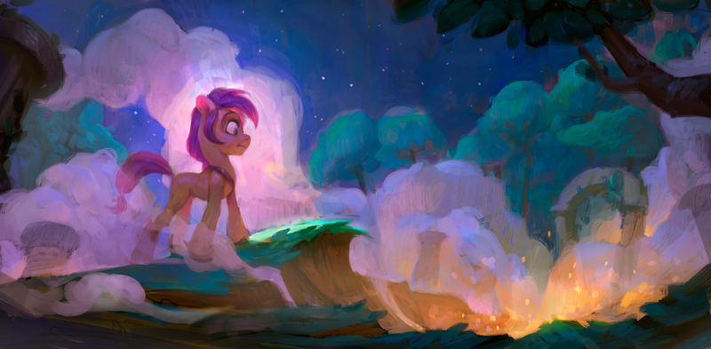 Size: 3367x1654 | Tagged: safe, artist:francesco denicolò, derpibooru import, sunny starscout, earth pony, pony, g5, my little pony: a new generation, alternate design, alternate hairstyle, concept art, female, fire, forest, glow, grass, image, jpeg, mare, nature, night, nightime, orange coat, outdoors, purple mane, purple tail, smoking, tail, tree, unshorn fetlocks