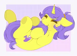 Size: 2395x1764 | Tagged: safe, artist:adostume, derpibooru import, oc, oc:tulipan, unofficial characters only, unicorn, biting, blushing, cute, eyes closed, horn, image, jpeg, lying down, nibbling, ocbetes, on back, passepartout, ponytail, raised hoof, solo, tail, tail bite, underhoof, unicorn oc