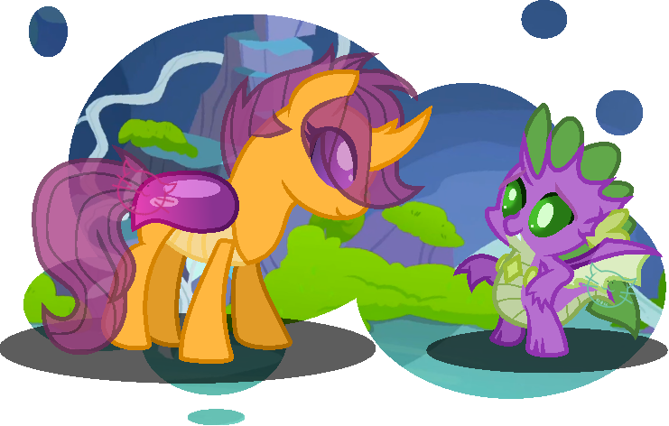 Size: 741x472 | Tagged: safe, artist:craftycitty, derpibooru import, scootaloo, spike, changedling, changeling, pony, changedlingified, changeling dragon, changelingified, duo, female, filly, foal, image, looking at each other, looking at someone, png, scootaling, smiling, smiling at each other, species swap, story included