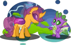 Size: 741x472 | Tagged: safe, artist:craftycitty, derpibooru import, scootaloo, spike, changedling, changeling, pony, changedlingified, changeling dragon, changelingified, duo, female, filly, foal, image, looking at each other, looking at someone, png, scootaling, smiling, smiling at each other, species swap, story included