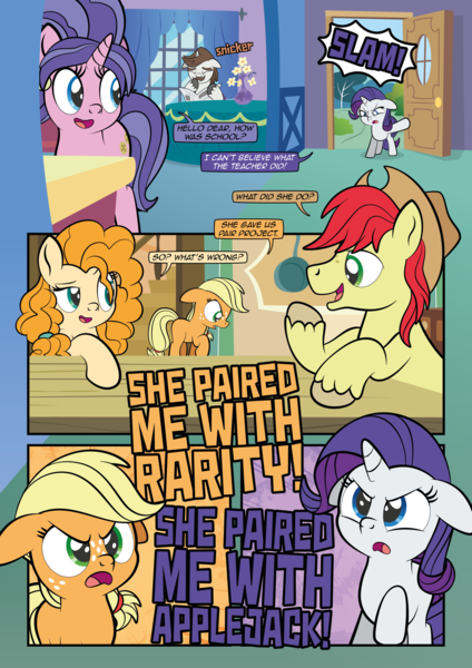 Size: 1920x2715 | Tagged: safe, artist:alexdti, derpibooru import, applejack, bright mac, cookie crumbles, hondo flanks, pear butter, rarity, earth pony, pony, unicorn, comic:how we met, female, filly, filly applejack, filly rarity, floppy ears, horn, image, png, younger