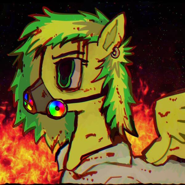 Size: 1436x1433 | Tagged: safe, artist:vemrill, derpibooru import, oc, oc:wooden toaster, unofficial characters only, pegasus, pony, fanfic:rainbow factory, bust, fanfic art, fire, green eyes, image, jpeg, yellow coat