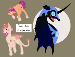 Size: 3000x2300 | Tagged: safe, artist:squeezymouse, derpibooru import, nightmare moon, sunny starscout, oc, oc:cardia, alicorn, butterfly, earth pony, hybrid, insect, pegasus, g5, advertisement, bat wings, commission info, commission open, hybrid pony, hybrid wings, image, lineless, pegasus oc, png, simple background, wings