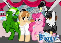 Size: 800x570 | Tagged: artist needed, safe, derpibooru import, pinkie pie, oc, oc:blankedmind, oc:circuit mane, oc:d-pad, earth pony, pony, unicorn, hat, horn, image, png, the brony show