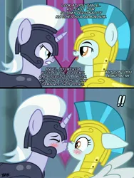 Size: 1936x2571 | Tagged: safe, artist:banquo0, derpibooru import, silver sable, pegasus, pony, unicorn, g4, 2 panel comic, angelsable, angry, armor, blushing, comic, dialogue, exclamation point, eyes closed, female, guardian angel (g4), guardsmare, heart, heart eyes, horn, image, jpeg, kissing, lesbian, mare, royal guard, shipping, spread wings, stare down, surprised, text, wingboner, wingding eyes, wings