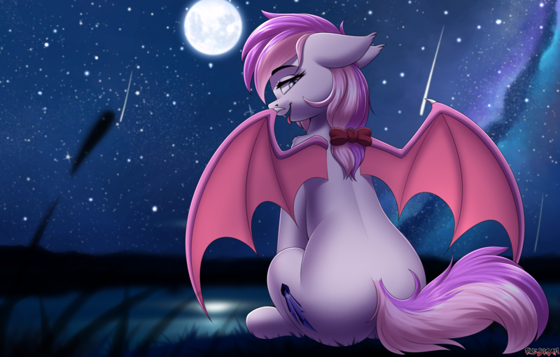 Size: 4955x3160 | Tagged: suggestive, artist:redmn, derpibooru import, oc, oc:malina, unofficial characters only, bat pony, pony, bow, female, full moon, hair bow, image, looking at you, looking back, looking back at you, mare, moon, night, png, sitting, solo, spread wings, tongue out, wings