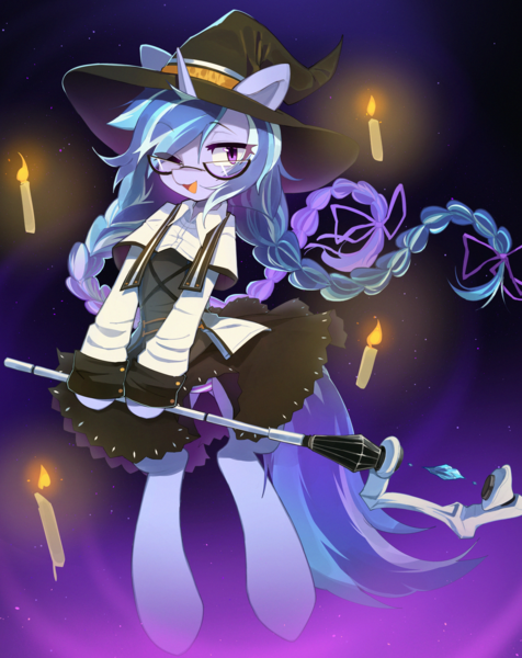 Size: 2843x3587 | Tagged: safe, artist:astralblues, derpibooru import, oc, pony, unicorn, broom, clothes, female, hat, horn, image, mare, png, roxy migurdia, solo, witch hat