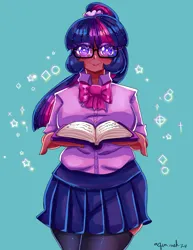 Size: 2550x3300 | Tagged: safe, artist:mylittleyuri, derpibooru import, sci-twi, twilight sparkle, human, book, clothes, cute, dark skin, female, glasses, green background, humanized, image, png, ponytail, shirt, simple background, skirt, socks, solo, stockings, thigh highs, twiabetes